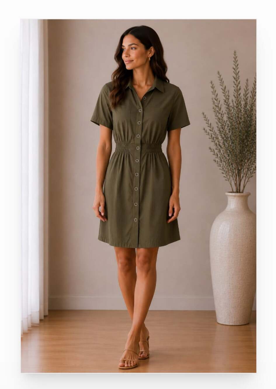 Zara Shirt Dress Womens Large Green Short Sleeve Collared Smocked Mini